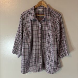 CJ Banks Plaid Button Up Top Gray Purple 3/4 Sleeve Mature Shirt Sz 2X